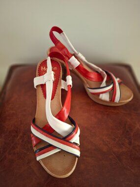 Leather Stacked Heel Platform Sandals Nautical Red Blue 36 Marila Spanish